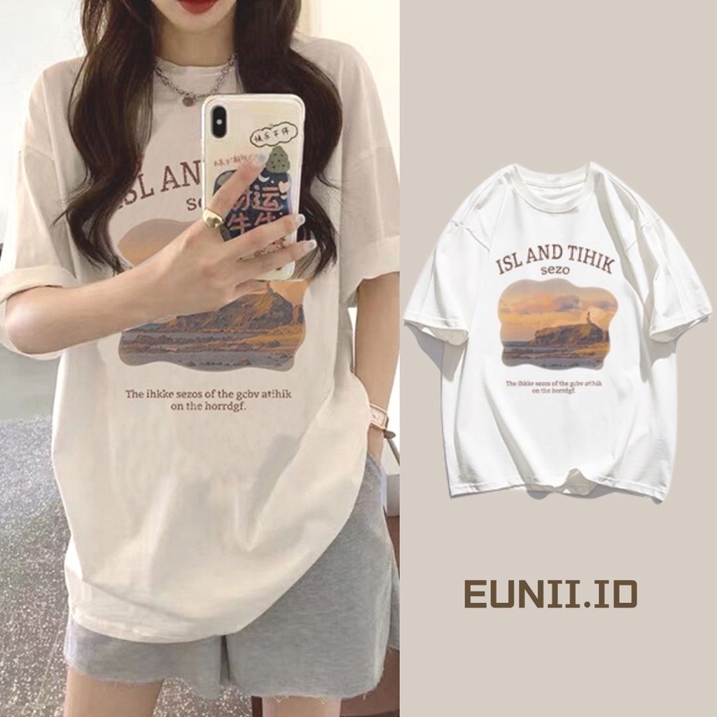 EUNII T-shirt Lengan Pendek Lanskap Pencetakan Longgar Korean Style /Kaos Atasan Wanita/Baju Kaus Oversize Wanita