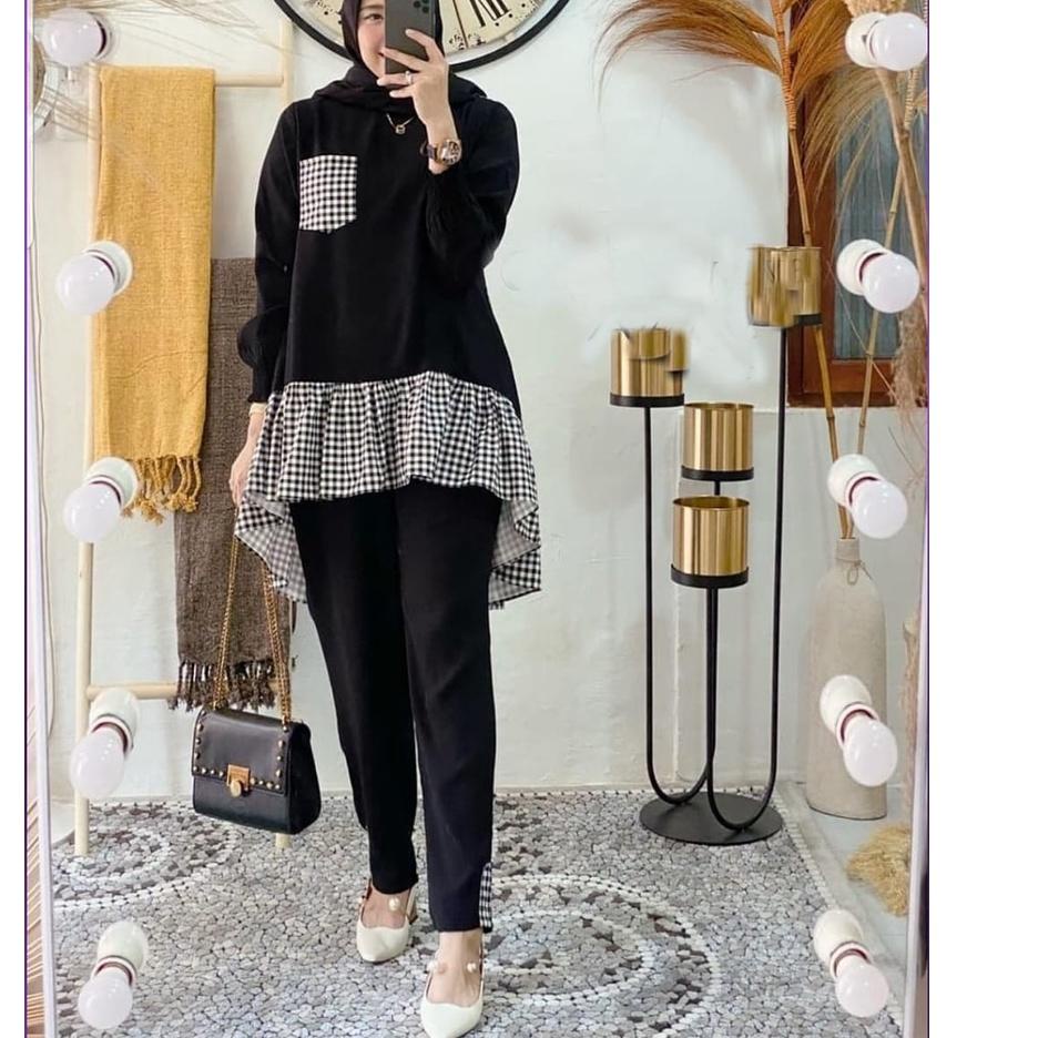 ☃ Baju Setelan Wanita Kekinian Setcel Terbaru Set Tunik dan Celana Kiyomi Katun Kotak Kotak Murah ✴
