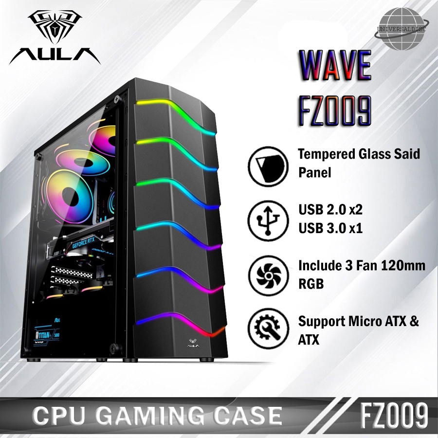 Casing CPU PC Gaming AULA FZ009 Wave Micro ATX/ATX + 3 Fan RGB