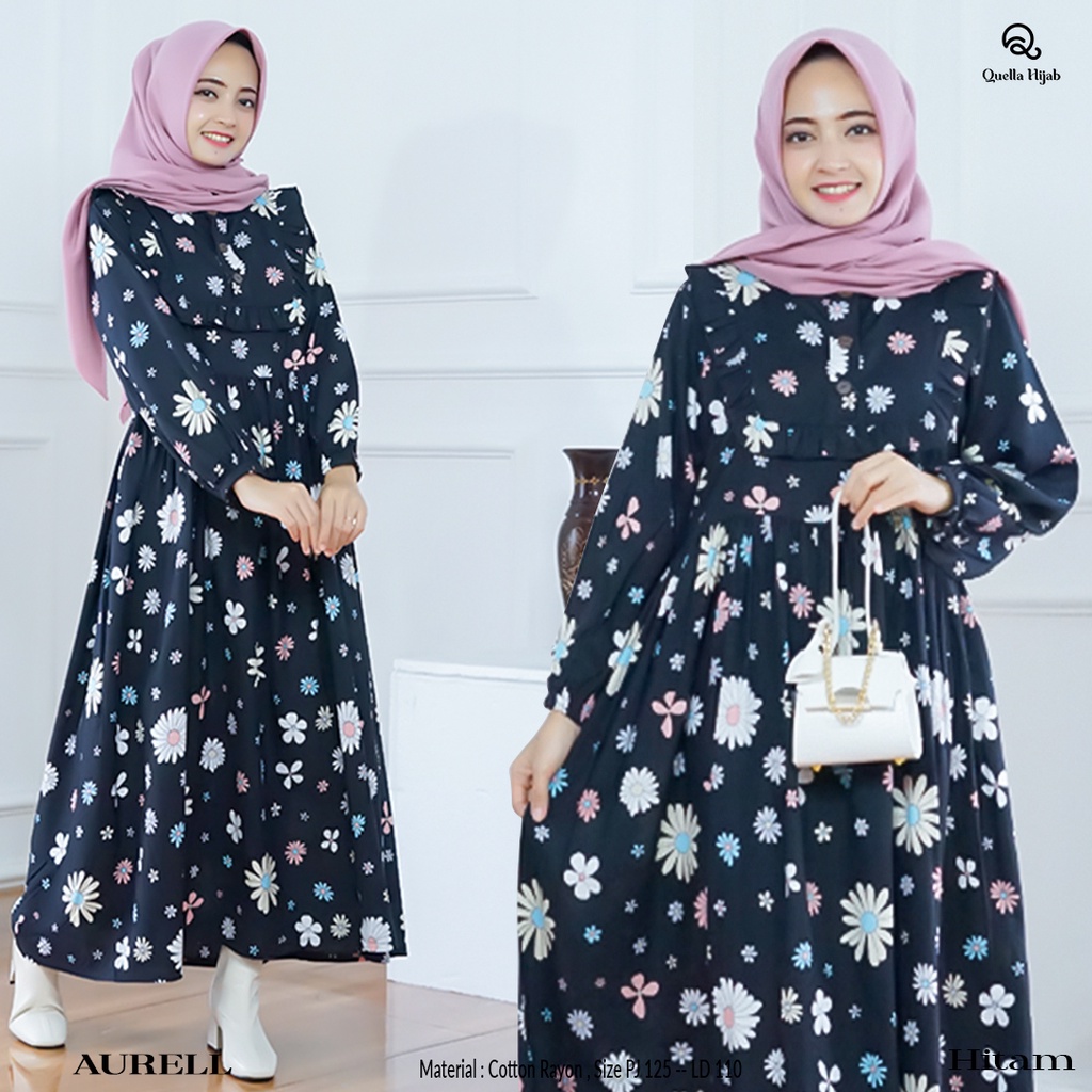 Dress Midi Remaja Muslim Aurell Motif Bunga Quella Hijab