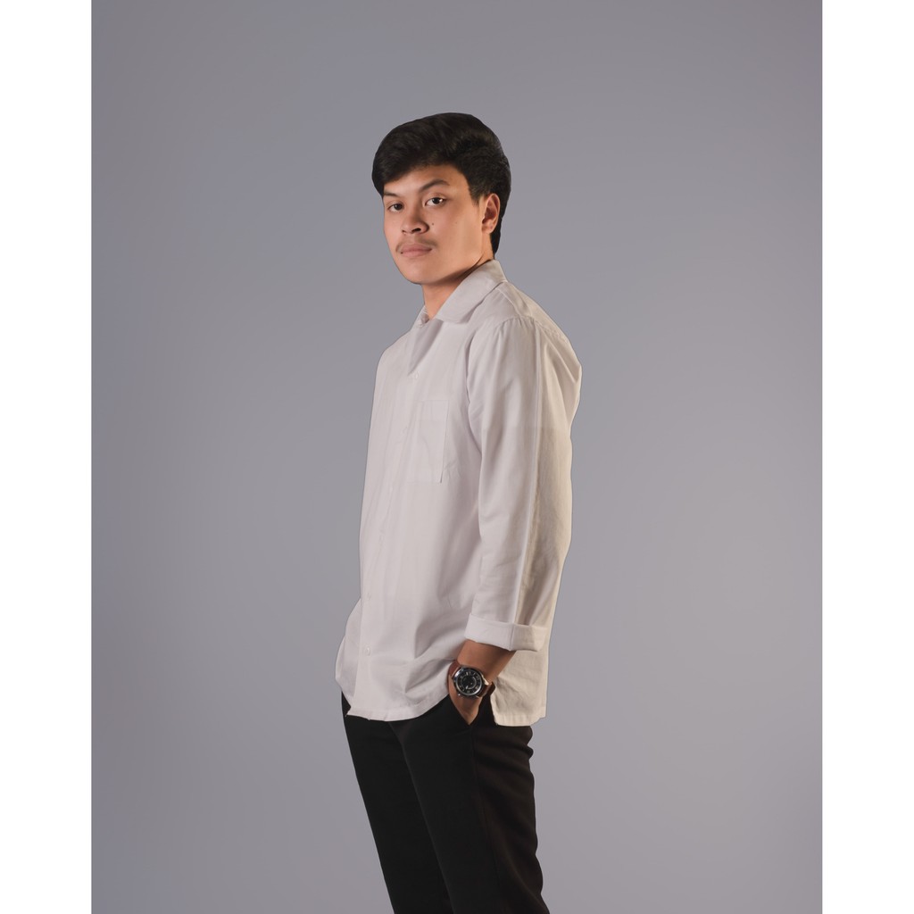 Kemeja Katun Pria Monsun Kemeja Kasual Cowok Lengan Panjang Warna Putih