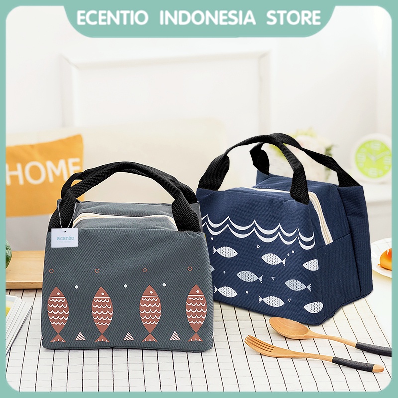 ecentio Tas Bekal tas makanan Pola ikan Oxford cloth Lunch Bag Tas piknik tas kecil totebag