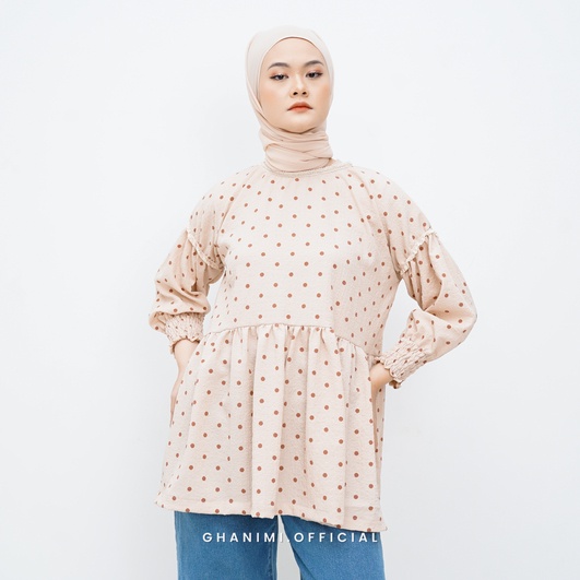 Ghanimi - Haru Blouse / Blouse Polkadot / blus motif ruffle / atasan kerja casual formal daily / atasan unik korean style / blus lengan karet wudhu friendly