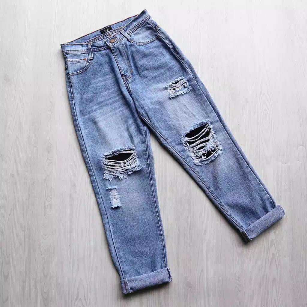 CELANA JEANS WANITA BOYFRIEND JEANS RIPPED SOBEK LAPIS TIDAK TEMBUS JEANS WANITA HIJAB MODE HIGHWAIS