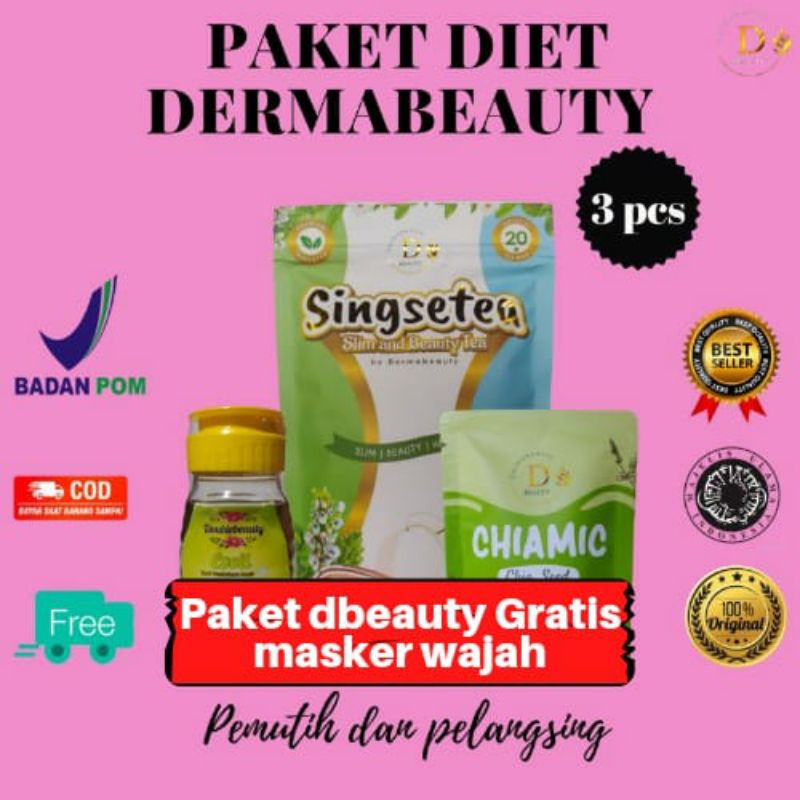 (PROMO free SHEET MASK) (MITRA RESMI D'BEAUTY) PAKET DIET ANTI GAGAL ( EVOIL + SINGSETEA+CHIAMIC) TE