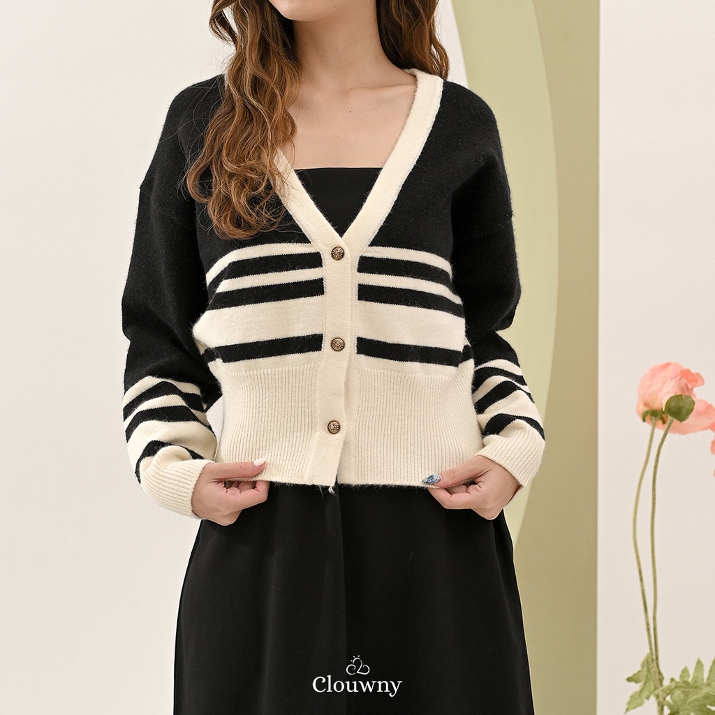 CLOUWNY - Outer Rajut Wanita Sade Button Cardigan Premium Knitt Busui Friendly-Black