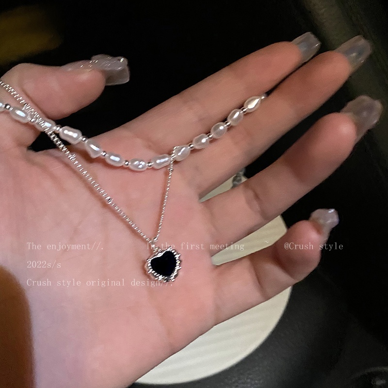 Kalung Rantai Choker Liontin Hati Hitam Hias Mutiara Ganda Untuk Wanita