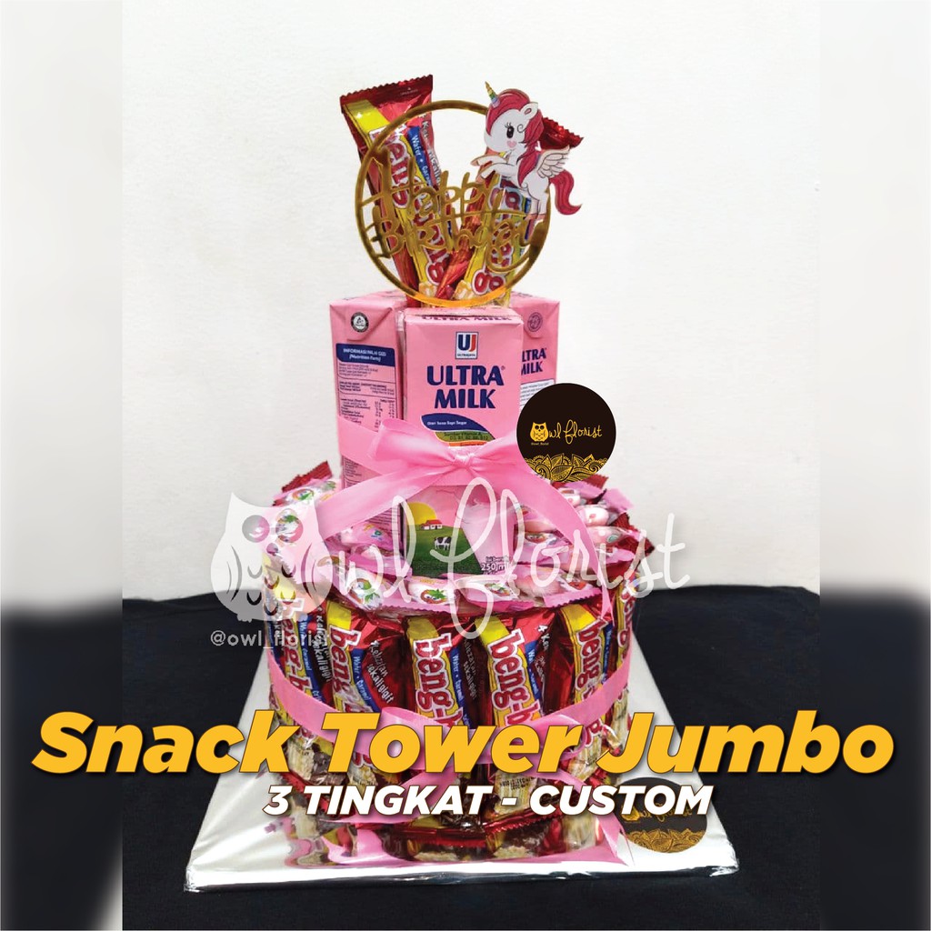 

Snack Tower Jumbo Ultah | Snack Tart | Buket Snack Cake Tart Jajan Ulang Tahun Anniversary Surabaya Murah | Owl Florist