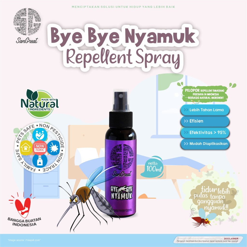 Anti nyamuk untuk bayi balita anak-anak  bentuk gel siap gantung non pestisida essential oil aman dari SanGreat Bye Bye Nyamuk gel 100 gr dan spray 100 ml