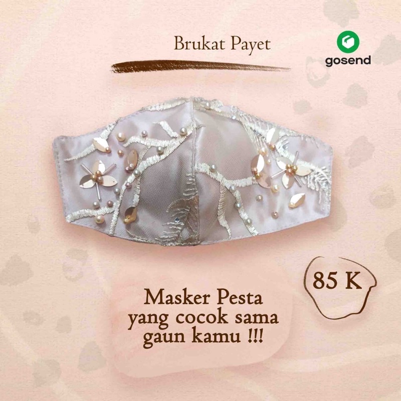 Masker Kain Brokat Premium 3 ply | Masker Pesta | Satin Nude | Brokat Gold