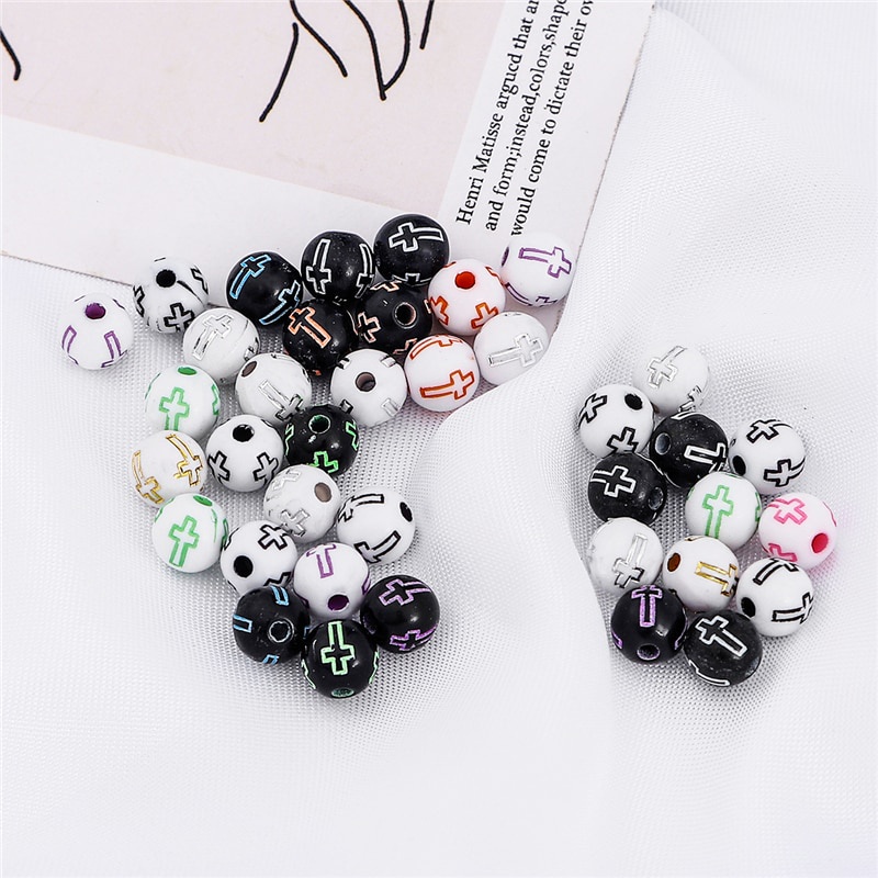 100Pcs/Lot 8mm Plastic Acrylic Round Carved Cross Beads Color Pattern Round Ball Beads for Bracelet Necklace DIY Jewelry Making