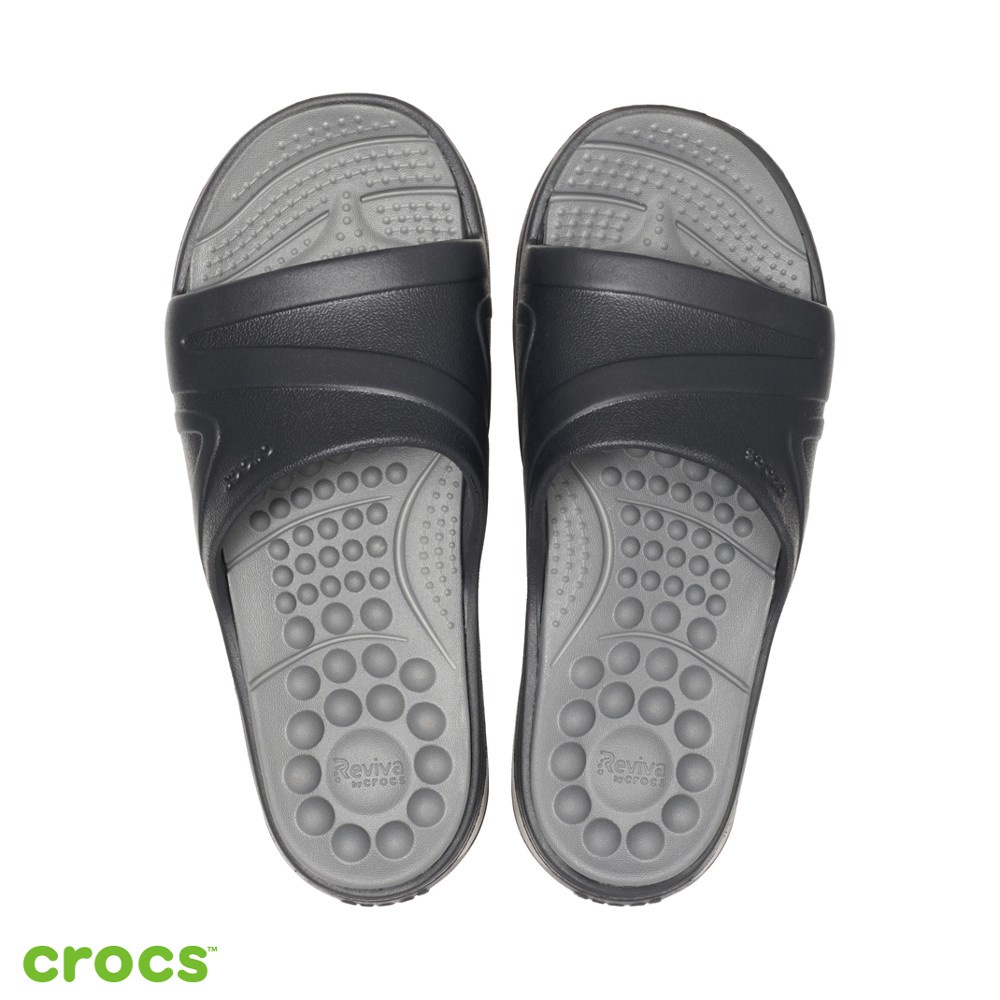 Crocs Reviva Slide / Sandal Unisex / Anti Air / Sandal Pria dan Wanita - Black Gray 205546-0DD