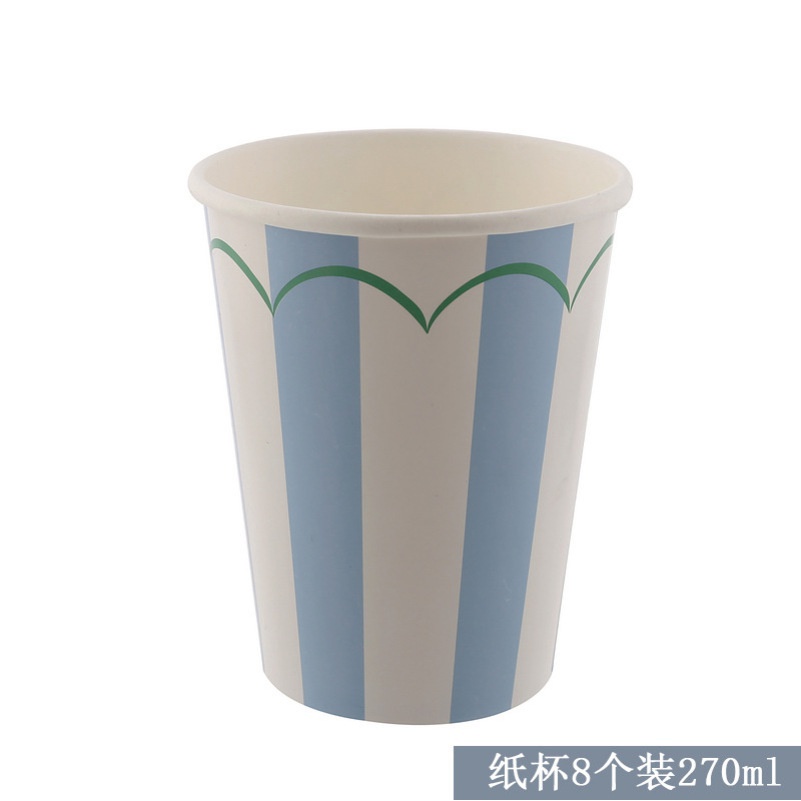 Blue Stripe Wave Trim Paper Plate Cup Disposable Tableware for Festival Party Supplies Home Decor