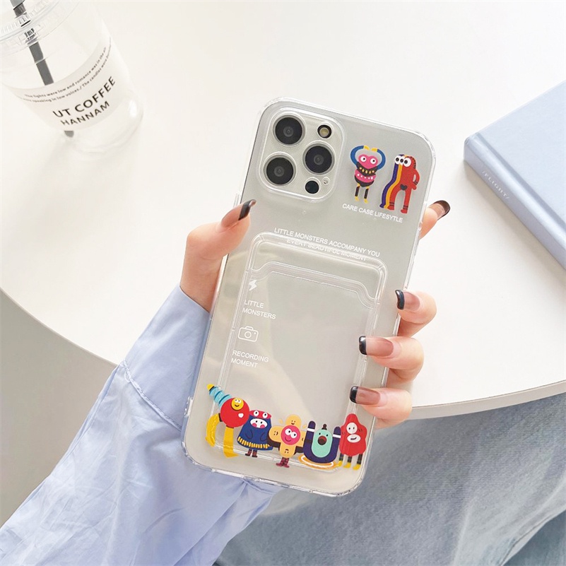 Casing Compatible for iPhone 14 13 12 11 Pro Max X XR Xs Max SE 2020 iPhone 6 6s 7 8 Plus 13 12 Mini Cartoon Art Transparent Card Holder Phone Case Precision Hole TPU Protective Phone Cover