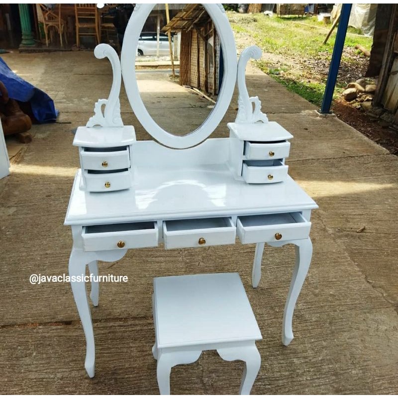 TOLET MEJA RIAS KARTINI FINISHING CAT DUCO PUTIH + KACA DAN PUK DUDUKAN MURAH KAYU JATI PRODUKSI FURNITURE JEPARA