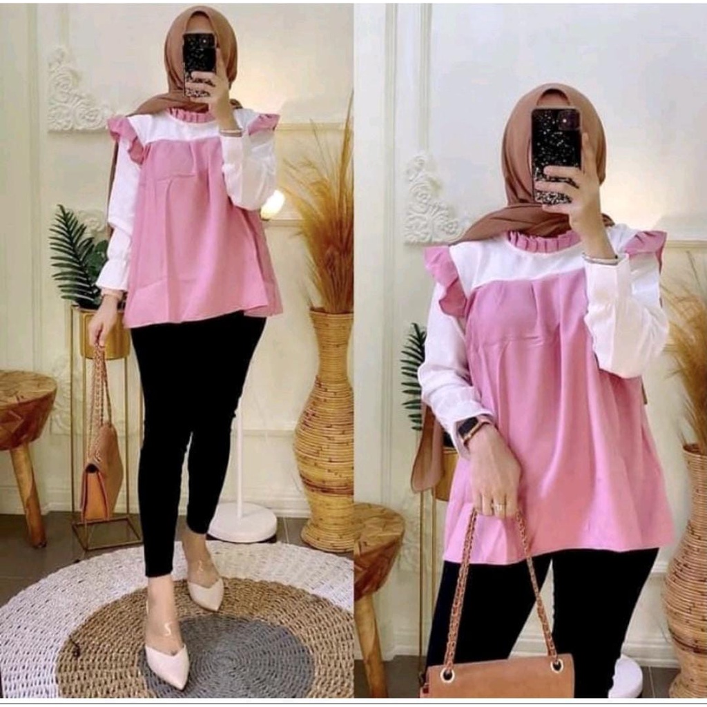 Julie Top Blouse Wanita Lengan Panjang Kombinasi Polos Baju Atasan Wanita Terbaru Fashion Wanita Kekinian