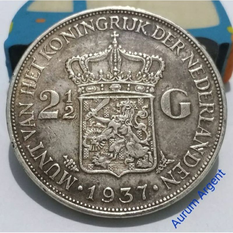 SWILH2.5G-42.. 1 PC KOIN PERAK KUNO ASLI 2.5 GULDEN WILHELMINA TH 1937. -- SILVER COIN --
