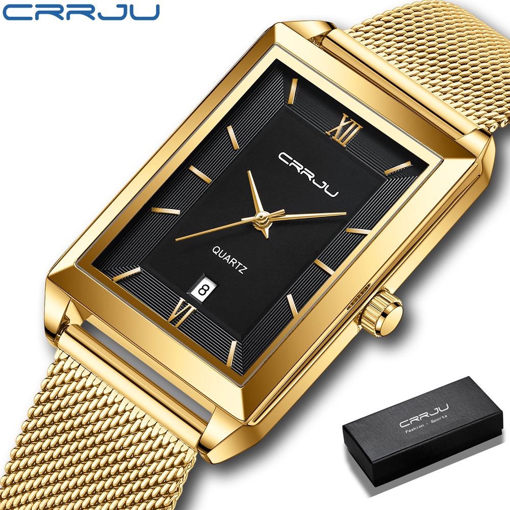 CRRJU Watch Men Top Brand Luxury Square Golden Quartz Stainless Steel Jam Tangan Tahan Air