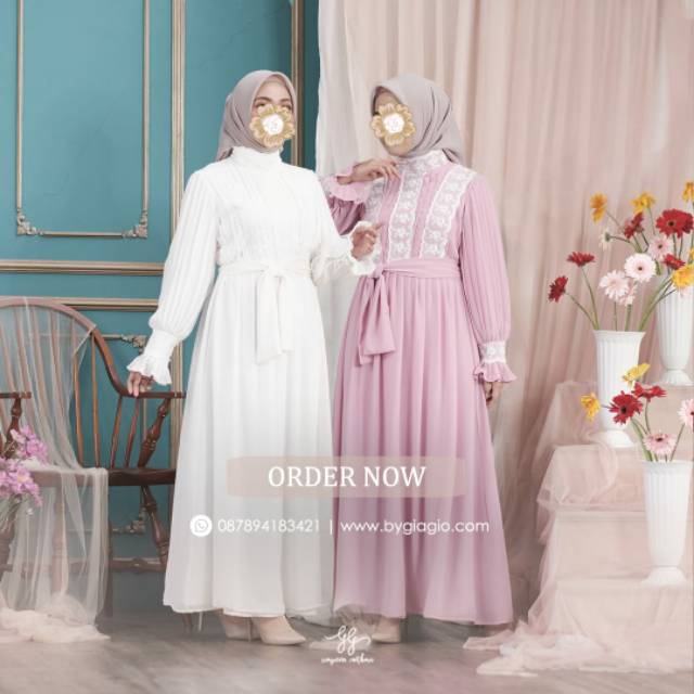 INUKA DRESS BYGIAGIO gaun kondangan gaun akad simple gaun wedding pernikahan baju muslim putih gaun lamaran elegan pakaian wanita pesta elegan fashion korea dres lebaran cantik anggun mewa gaun vintage fashion dress bahan ceruty babydol renda furing tebal