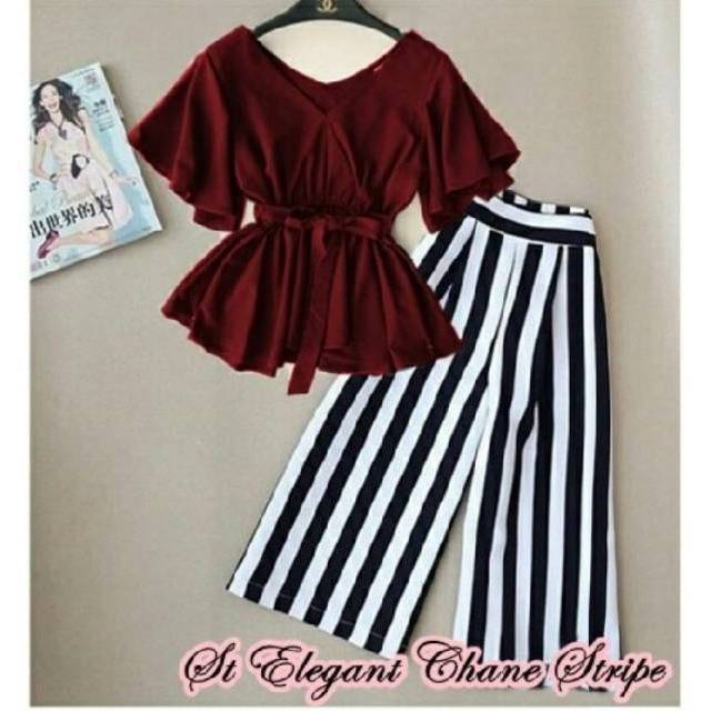 SET ELEGANT CH CTRIPE (Maroon | Hitam | Merah | Navy) | Setelan kulot hits casual kerja kuliah murah
