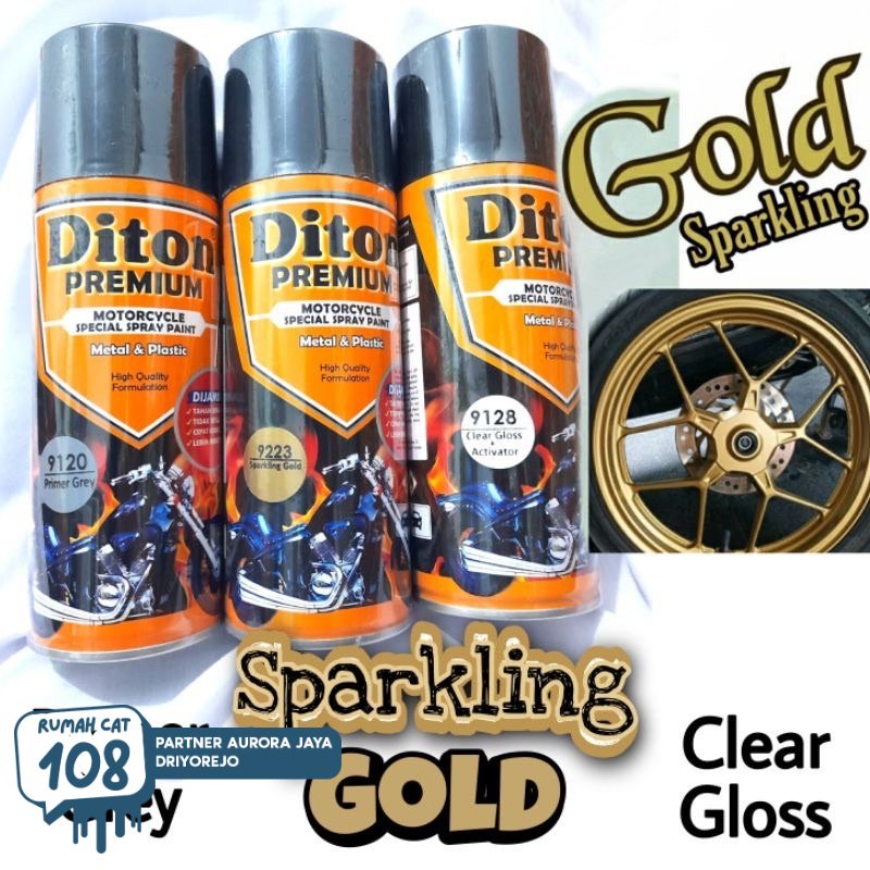 

Rumah Cat - Paket Diton Premium Sparkling Gold 9223 + Primer Grey 9120 + Clear 9128 / Cat Emas Metalik Epoxy Abu-abu Vernis Gloss Mengkilap 400ml Pilok Pilox Pylox Mas Metallic Metalic Epoksi Abu Rumah Cat Motor dan Mobil