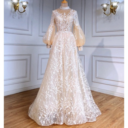 ‎Gaun Malam Mewah Muslim Beige 2021 Lace Manik-manik Pesta Pernikahan A-Line ‎