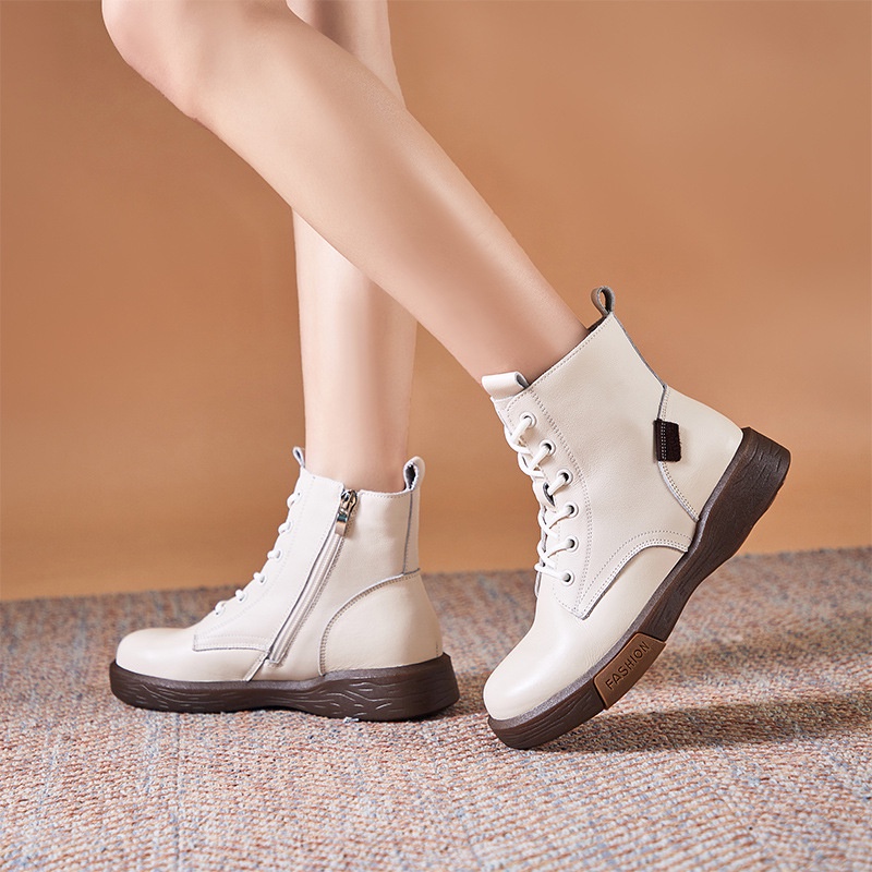 Sepatu Bot Lapisan Pertama Kulit Sapi  Boot Wanita Kulit Asli  Boot Putih  Wanita Pertengahan Betis 