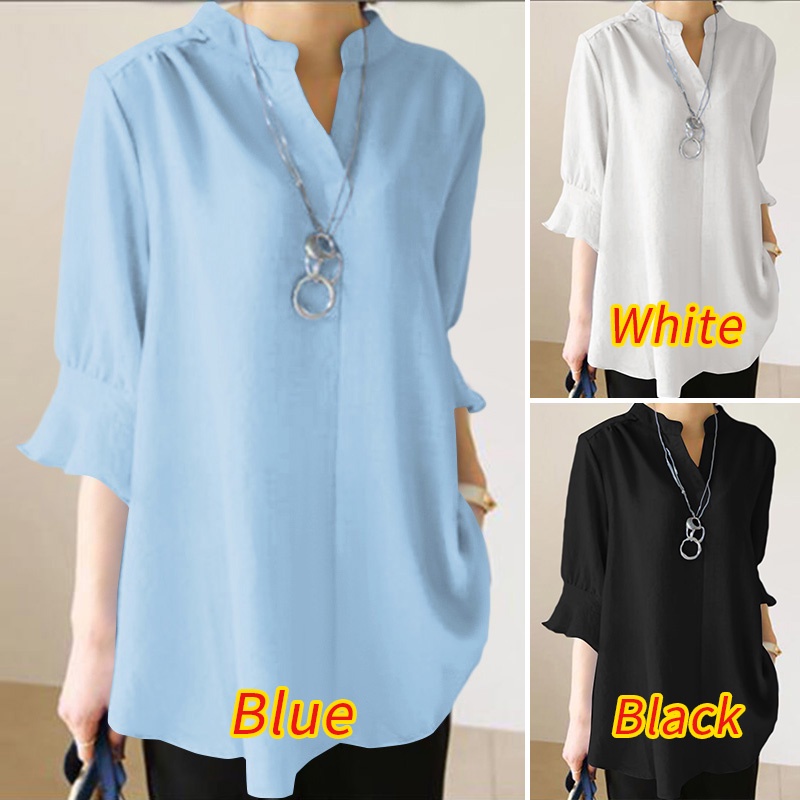 ZANZEA Womens Short Sleeve V Neck Cotton Casual Loose Blouse