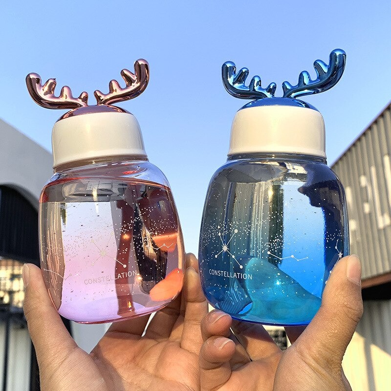 Botol Minum Kaca 3D / Korean Fashion 3D Antlers Glass Cup 300ml - GOLD / Botol Kaca / Hadiah