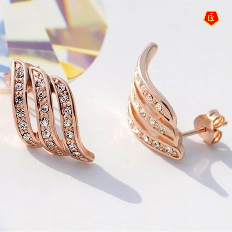 [Ready Stock]Rose Gold Three-Row Diamond Stud Earrings Creative