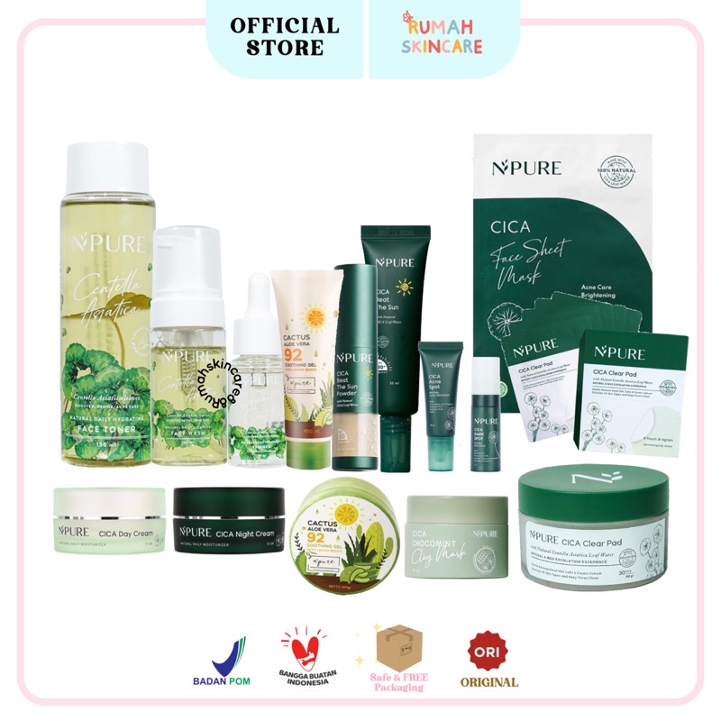 NPURE Cica Care Toner Centella Asiatica | Face Wash Cleanser | Essence Serum | Day Cream | Night Cream | Beat The Sunscreen | Sun Powder | Dark Spot | Acne Spot | Sheet Mask Masker Wajah | Chocomint Clay Mask | Npure Clear Pad | Suncream