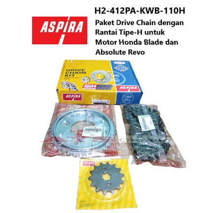 GEAR SET - Paket Drive Chain ASPIRA H2-412PA-KWB-110H Rantai Tipe-H untuk Motor Honda Blade dan Abso