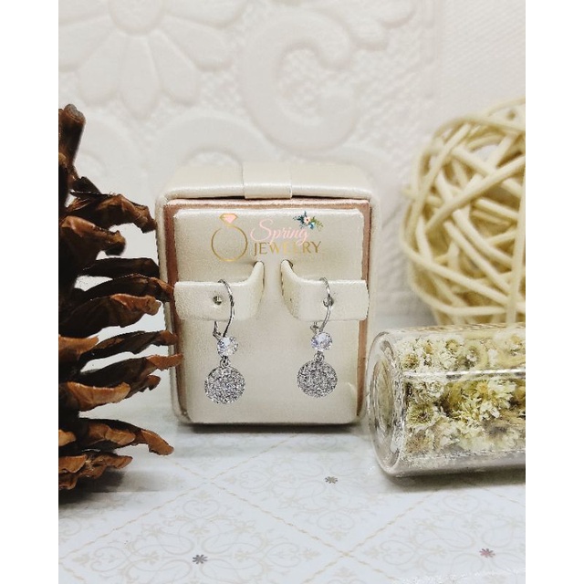 Anting Perak Wanita Kait AD Gantungan Bulat Full Mata 9802 Silver 925 Asli Lapis Emas Putih