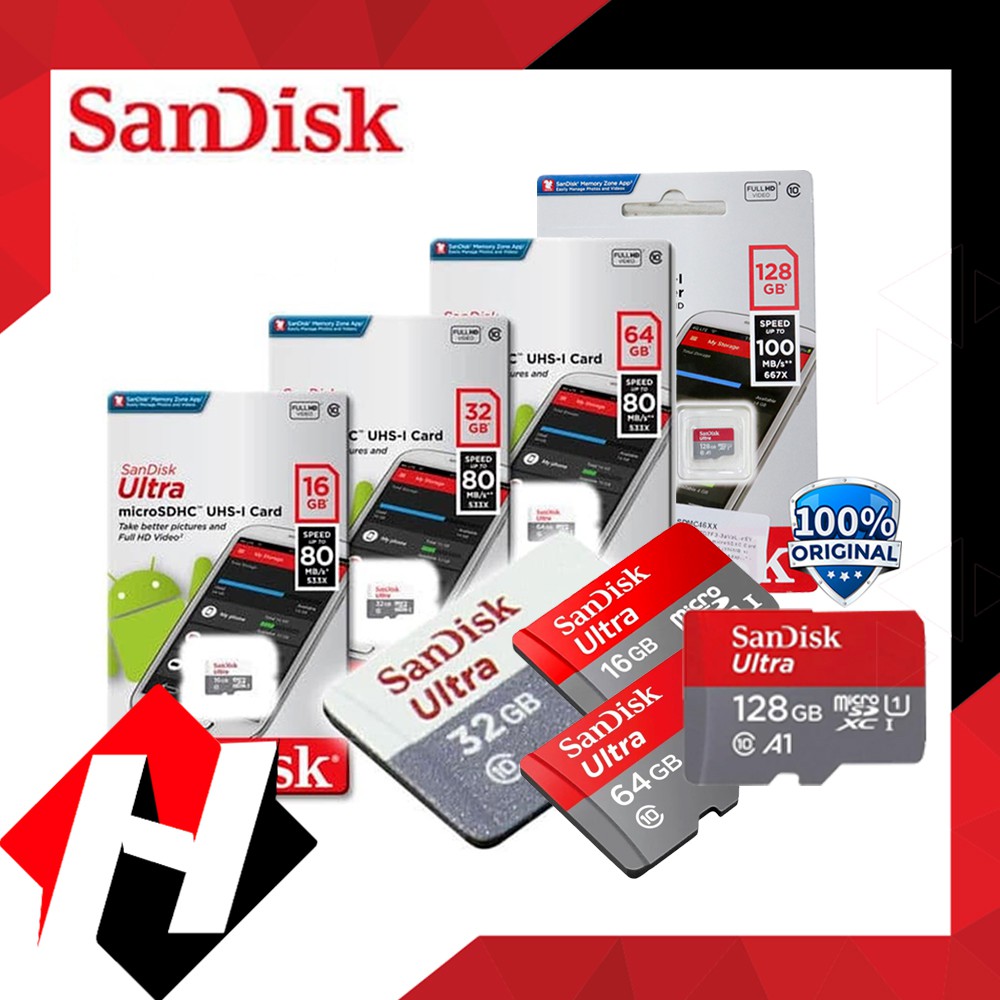 Memori HP - Camera / Micro SD Sandisk /Memori 16GB 32GB 64GB 128GB Class 10 80 / 100Mbps Sandisk Mem