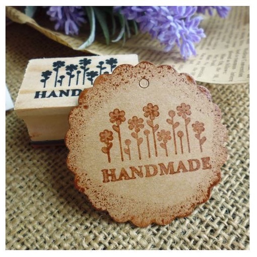 Wooden Rubber Stamp - Letter &quot;HAND MADE&quot; Rectangle