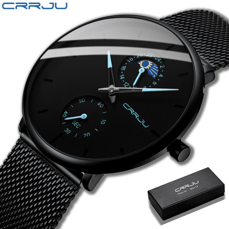 CRRJU Jam Tangan Sport Quartz Analog Anti Air 3ATM + Tanggal + Strap Stainless Steel