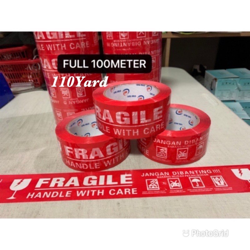 LAKBAN FRAGILE MERAH JANGAN DIBANTING FULL 100 METER 110 YARD