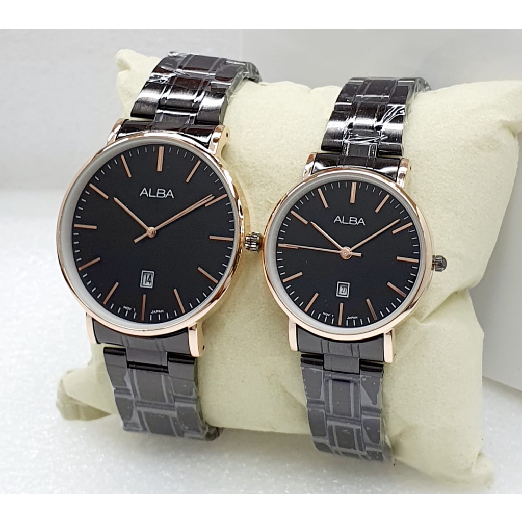 Jam Tangan Couple Fashion Alba C31604T Tali Rantai Tanggal Aktif Free Box &amp; Baterai