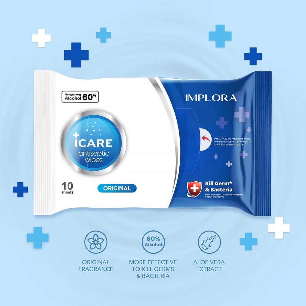 Implora ICare Antiseptic Wipes / Tisu Basah Anti Bakteri isi 10 sheets ORIGINAL