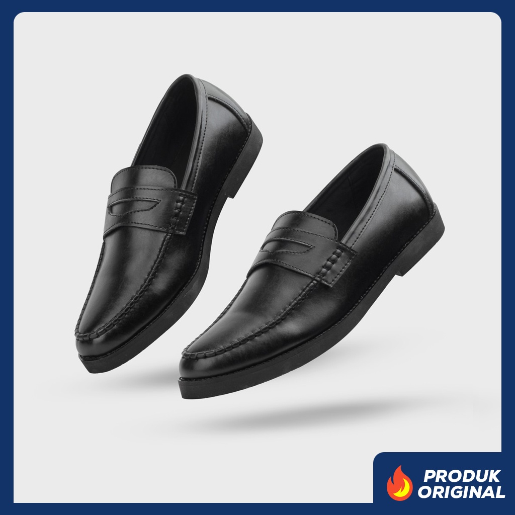 PORTE BLACK ORIGINAL x GIANT FLAMES Sepatu Loafers Full Hitam Pria Slip On Formal Casual Kerja Kantor Slop Resmi Kantoran Pesta Kondangan Selop Jalan Santai Hangout Kuliah Penny Loafer Semi Kulit Premium Big Size Jumbo Ukuran Besar 44 45 Keren Kekinian