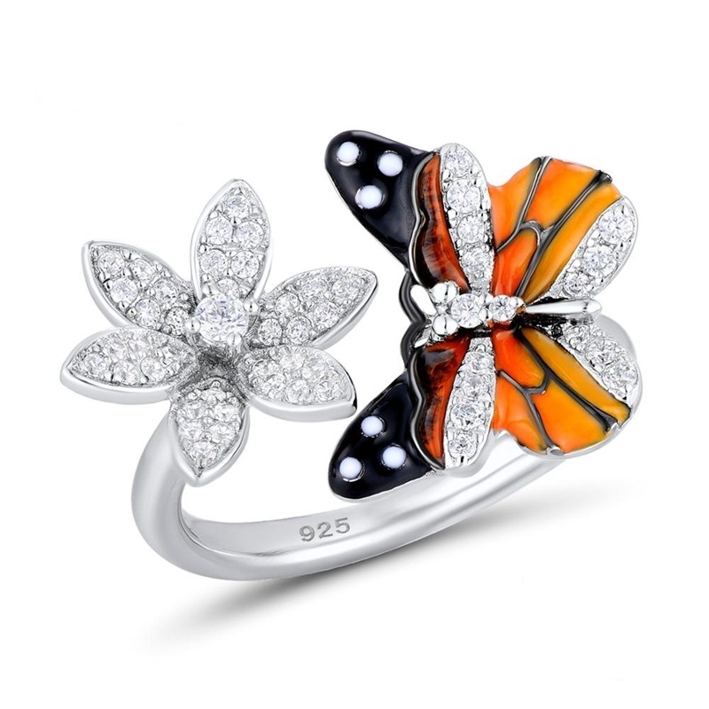 Cincin Sterling Silver 925 Desain Bunga + Kupu-Kupu Hias Kristal / Berlian Untuk Wanita Butterfly