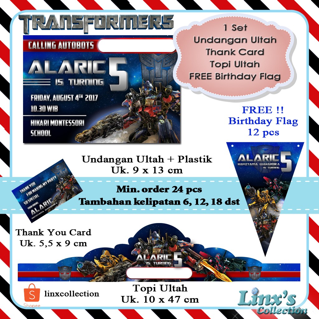Souvenir Ultah 1 set undangan Ultah Anak/Kartu souvenir/topi ulang tahun Transformer