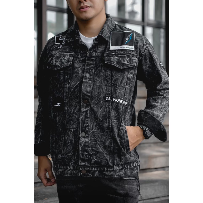 Jaket Denim Sanwash Jeans Snow Black Pria Original Bordir