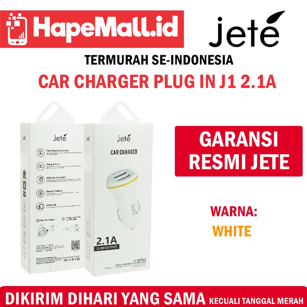 JETE CAR CHARGER PLUG IN J1 2.4A GARANSI RESMI JETE INDONESIA TERMURAH - Putih