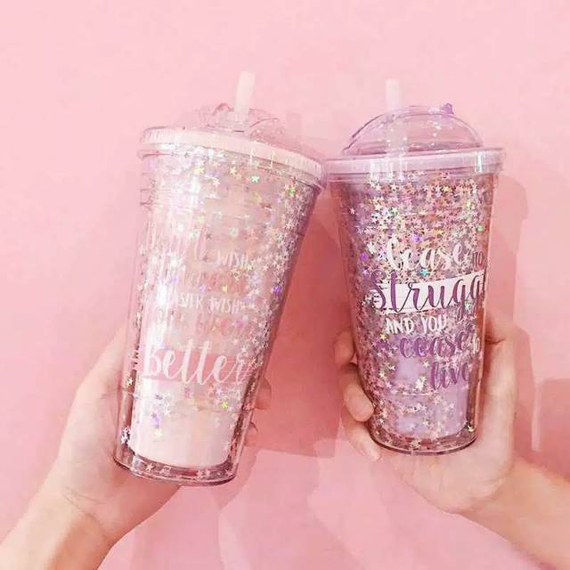 PROMO Botol Minum Glitter Tumbler Cups Blink 420 Ml Gelas free Sedotan + Bubble dengan dua lapisan lapisan straw water bottle