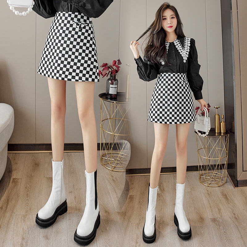 #Sisjuly# Hitam dan Putih Papan Catur ROK Kotak-kotak Musim Semi dan Musim Gugur Baru Ukuran Besar Penutup Lem