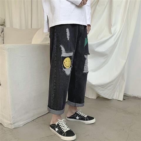 Celana jeans pria sobek hitam korean style fashion celana robek jins smiley straight baggy jeans oversize celana gombrang celana panjang cowok cutbray jeans boyfriend jeans2023