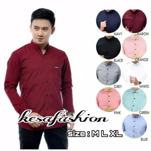 Kemeja Pria Polos Tangan Panjang Pakaian Pria Keren Cowok Slimfit Warna Navy Merah Maroon Gratis Ong