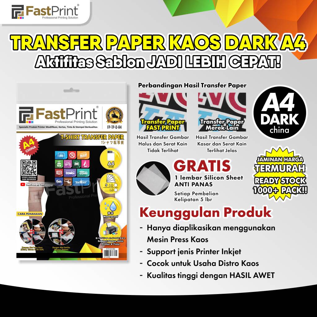 

Kertas Transfer Paper Sablon Kaos Dark A4 China Fast Print