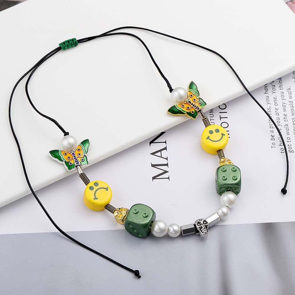 [Elegan] Pria Kalung Klasik Hip Hop Wanita Mutiara Manik-Manik Smiley Tengkorak Liontin Gaya Korea Kalung